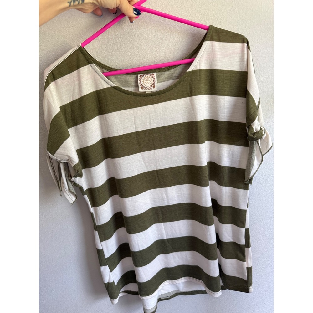 Truself Striped Top Women Large Olive Green Excellent Button Back Tie Sleeve